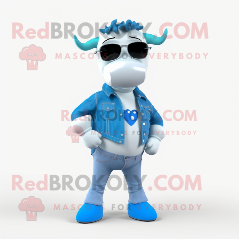 Cyan Cow mascot costume character dressed with a Skinny Jeans and Eyeglasses Cyan Cow mascot costume character dressed with a Skinny Jeans and Eyeglasses