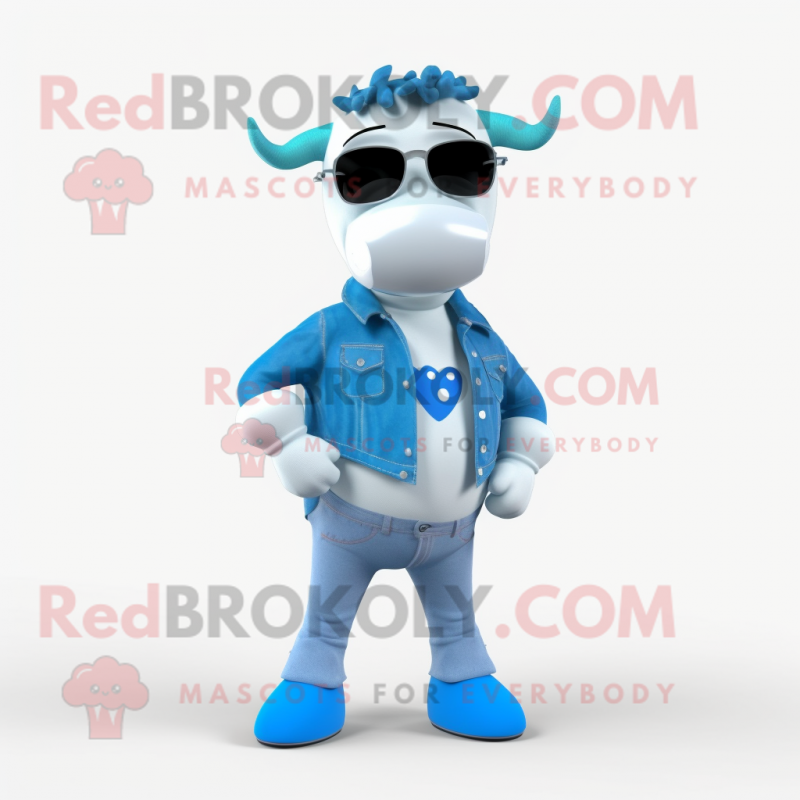 Cyan Cow mascot costume character dressed with a Skinny Jeans and Eyeglasses