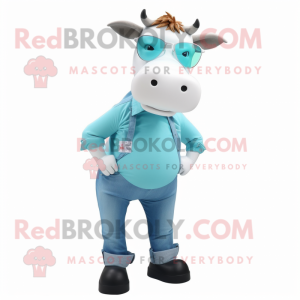 Cyan Cow mascot costume character dressed with a Skinny Jeans and Eyeglasses