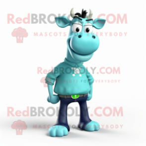 Cyan Cow mascot costume character dressed with a Skinny Jeans and Eyeglasses