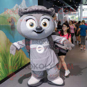 Gray Wrist Watch mascot costume character dressed with a Blouse and Backpacks