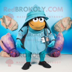 Cyan Hermit Crab mascot costume character dressed with a Vest and Hats