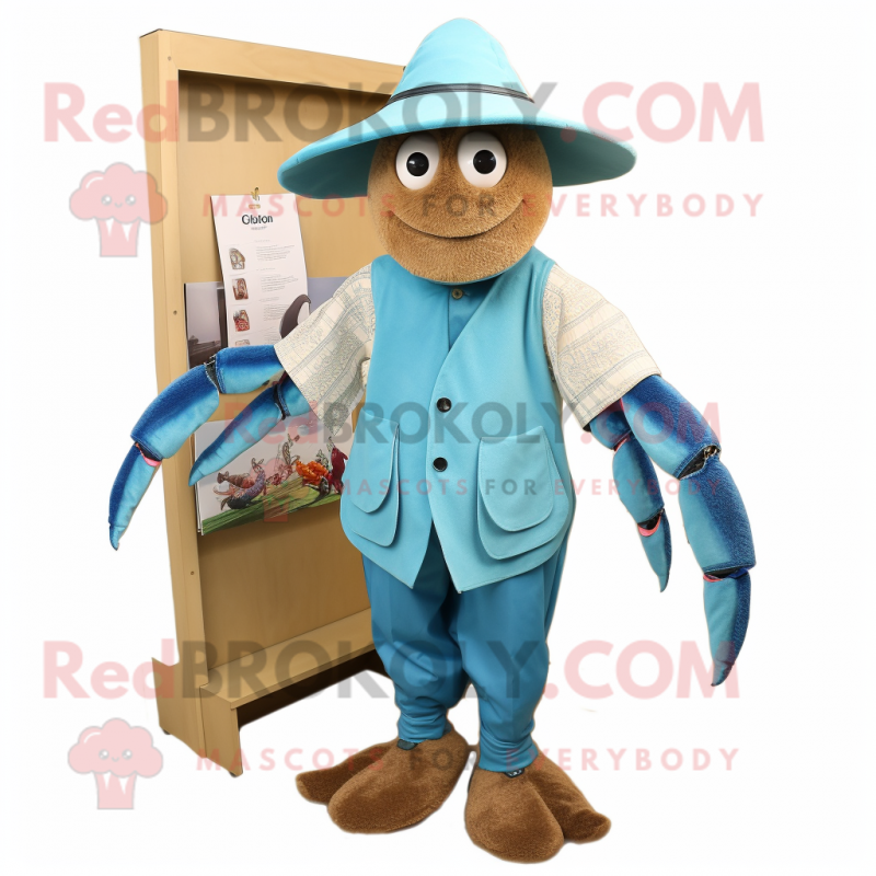 Cyan Hermit Crab mascot costume character dressed with a Vest and Hats