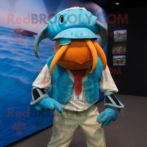 Cyan Hermit Crab mascot costume character dressed with a Vest and Hats
