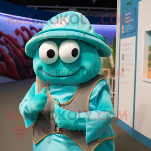 Cyan Hermit Crab mascot costume character dressed with a Vest and Hats