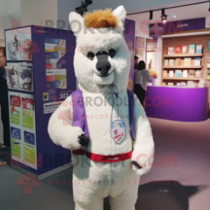 Lavender Alpaca mascot costume character dressed with a Polo Shirt and Wallets