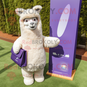Lavender Alpaca mascot costume character dressed with a Polo Shirt and Wallets