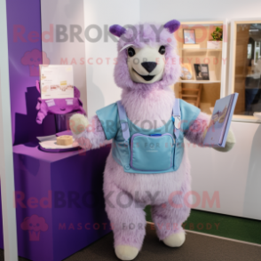 Lavender Alpaca mascot costume character dressed with a Polo Shirt and Wallets