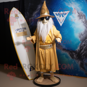 Gold Wizard mascot costume character dressed with a Board Shorts and Wraps