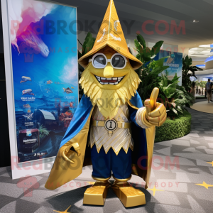 Gold Wizard mascot costume character dressed with a Board Shorts and Wraps