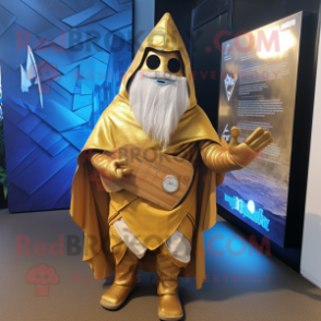 Gold Wizard mascot costume character dressed with a Board Shorts and Wraps