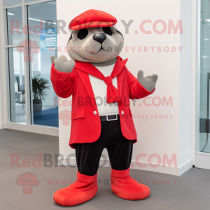 Red Seal mascot costume character dressed with a Suit Pants and Scarves