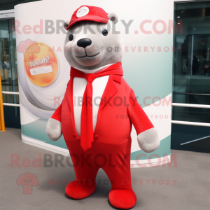 Red Seal mascot costume character dressed with a Suit Pants and Scarves