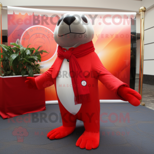 Red Seal mascot costume character dressed with a Suit Pants and Scarves