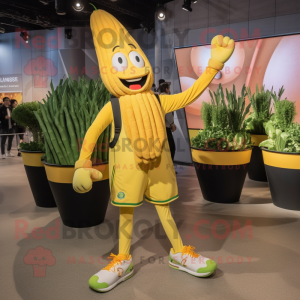 Yellow Asparagus mascot costume character dressed with a Joggers and Rings