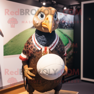 Brown Guinea Fowl mascot costume character dressed with a Rugby Shirt and Earrings