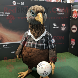 Brown Guinea Fowl mascot costume character dressed with a Rugby Shirt and Earrings