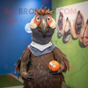 Brown Guinea Fowl mascot costume character dressed with a Rugby Shirt and Earrings