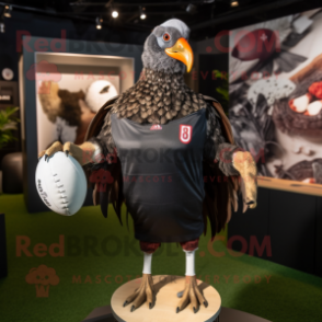 Brown Guinea Fowl mascot costume character dressed with a Rugby Shirt and Earrings