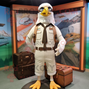 Cream Hawk mascot costume character dressed with a Cargo Shorts and Briefcases