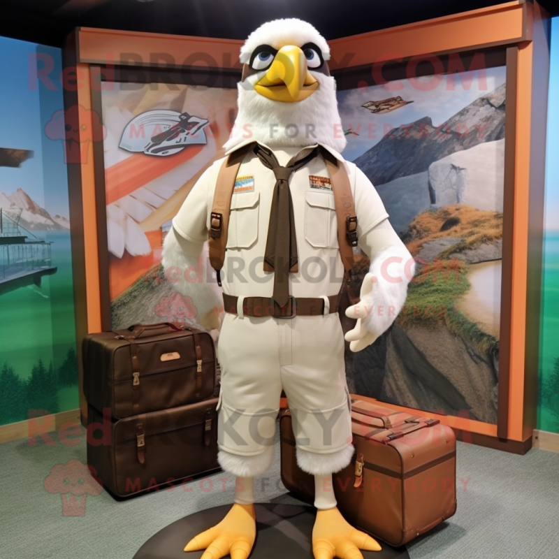 Cream Hawk mascot costume character dressed with a Cargo Shorts and Briefcases