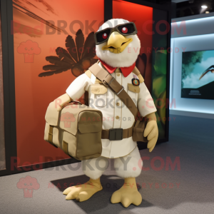 Cream Hawk mascot costume character dressed with a Cargo Shorts and Briefcases