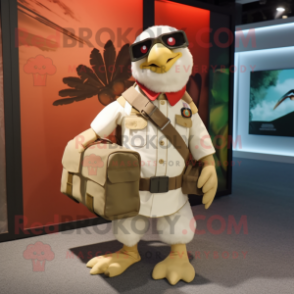 Cream Hawk mascot costume character dressed with a Cargo Shorts and Briefcases