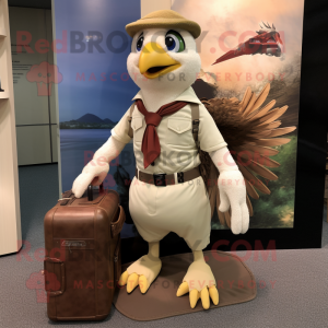 Cream Hawk mascot costume character dressed with a Cargo Shorts and Briefcases
