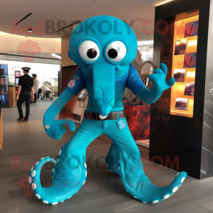 Turquoise Octopus mascot costume character dressed with a Leggings and Cufflinks