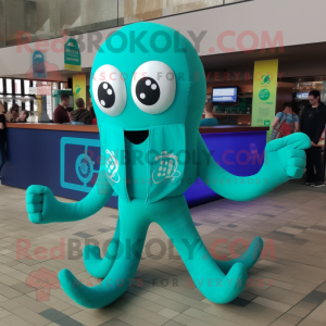 Turquoise Octopus mascot costume character dressed with a Leggings and Cufflinks