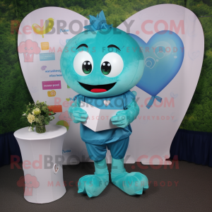 Turquoise Love Letter mascot costume character dressed with a Joggers and Coin purses