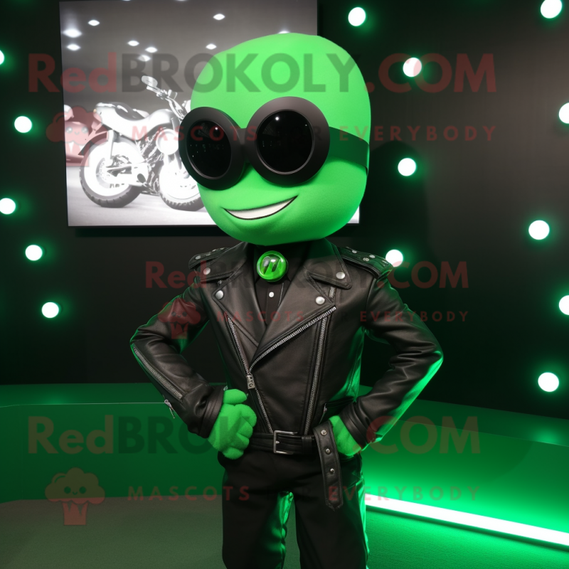 Green Engagement Ring mascot costume character dressed with a Biker Jacket and Bow ties