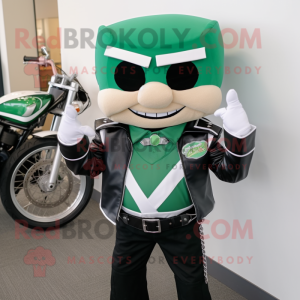 Green Engagement Ring mascot costume character dressed with a Biker Jacket and Bow ties