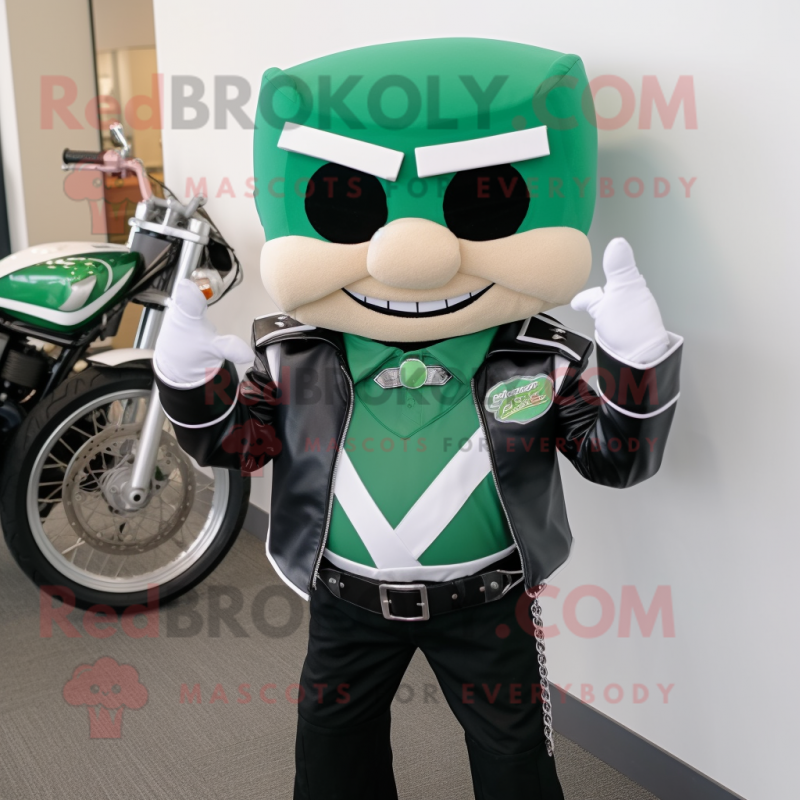 Green Engagement Ring mascot costume character dressed with a Biker Jacket and Bow ties Green Engagement Ring mascot costume character dressed with a Biker Jacket and Bow ties