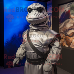 Silver Commando mascot costume character dressed with a Turtleneck and Shawls