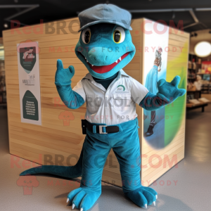 Teal Lizard mascot costume character dressed with a Cargo Shorts and Shoe clips