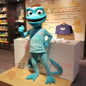 Teal Lizard mascot costume character dressed with a Cargo Shorts and Shoe clips