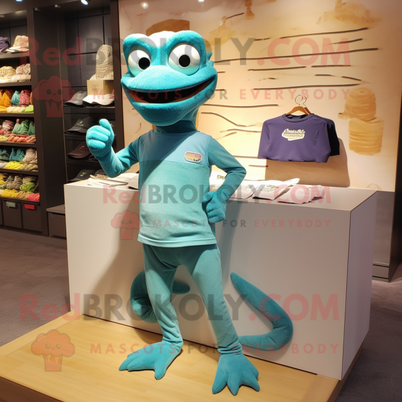 Teal Lizard mascot costume character dressed with a Cargo Shorts and Shoe clips Teal Lizard mascot costume character dressed with a Cargo Shorts and Shoe clips