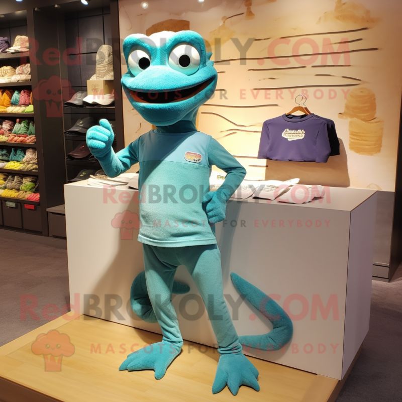 Teal Lizard mascot costume character dressed with a Cargo Shorts and Shoe clips