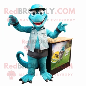 Teal Lizard mascot costume character dressed with a Cargo Shorts and Shoe clips