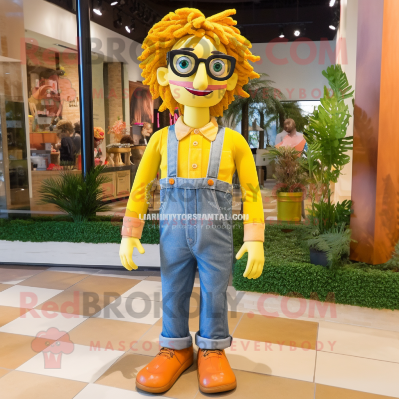Yellow Scarecrow mascot costume character dressed with a Mom Jeans and Eyeglasses Yellow Scarecrow mascot costume character dressed with a Mom Jeans and Eyeglasses