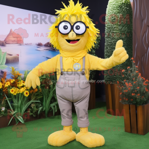 Yellow Scarecrow mascot costume character dressed with a Mom Jeans and Eyeglasses