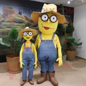 Yellow Scarecrow mascot costume character dressed with a Mom Jeans and Eyeglasses