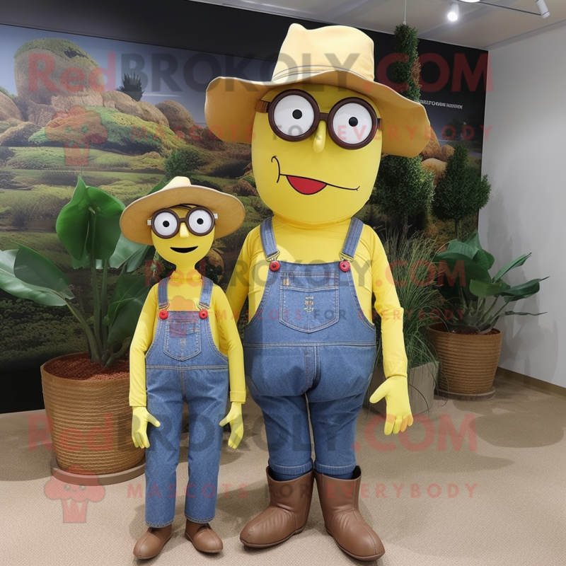Yellow Scarecrow mascot costume character dressed with a Mom Jeans and Eyeglasses