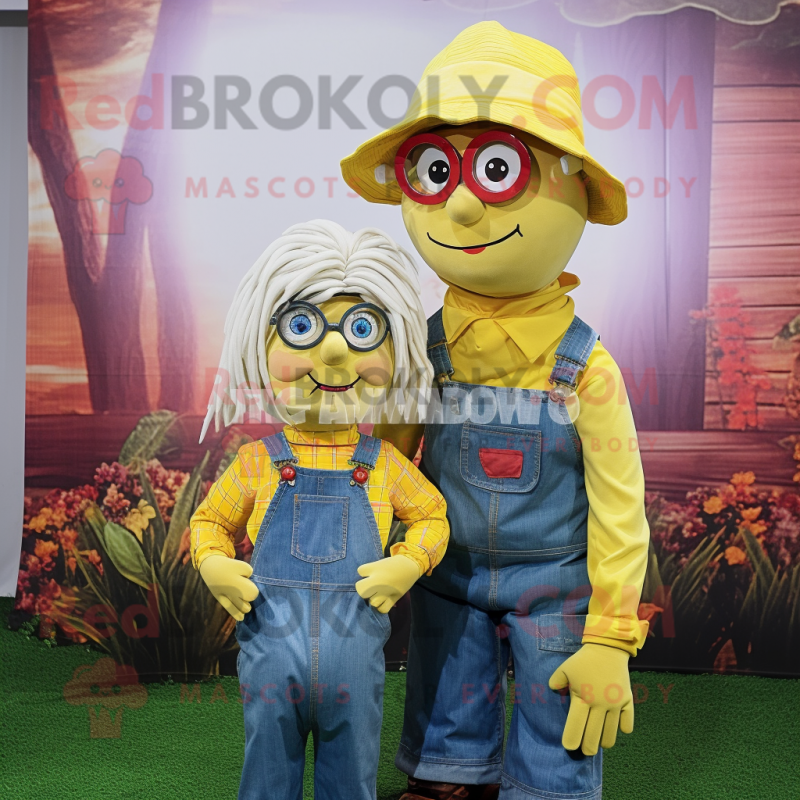 Yellow Scarecrow mascot costume character dressed with a Mom Jeans and Eyeglasses Yellow Scarecrow mascot costume character dressed with a Mom Jeans and Eyeglasses