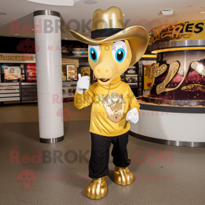 Gold Horseshoe mascot costume character dressed with a Graphic Tee and Beanies