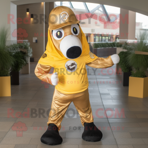 Gold Horseshoe mascot costume character dressed with a Graphic Tee and Beanies