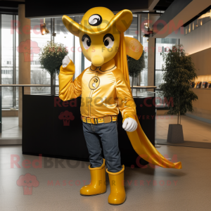 Gold Horseshoe mascot costume character dressed with a Graphic Tee and Beanies