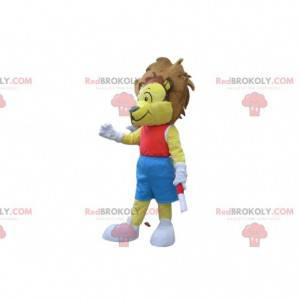 Mascotte de lion jaune en tenue de sport rouge et bleue -