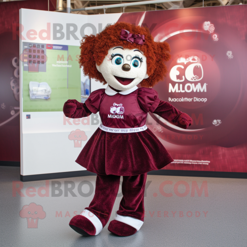 Maroon Irish Dancer mascot costume character dressed with a Playsuit and Clutch bags Maroon Irish Dancer mascot costume character dressed with a Playsuit and Clutch bags